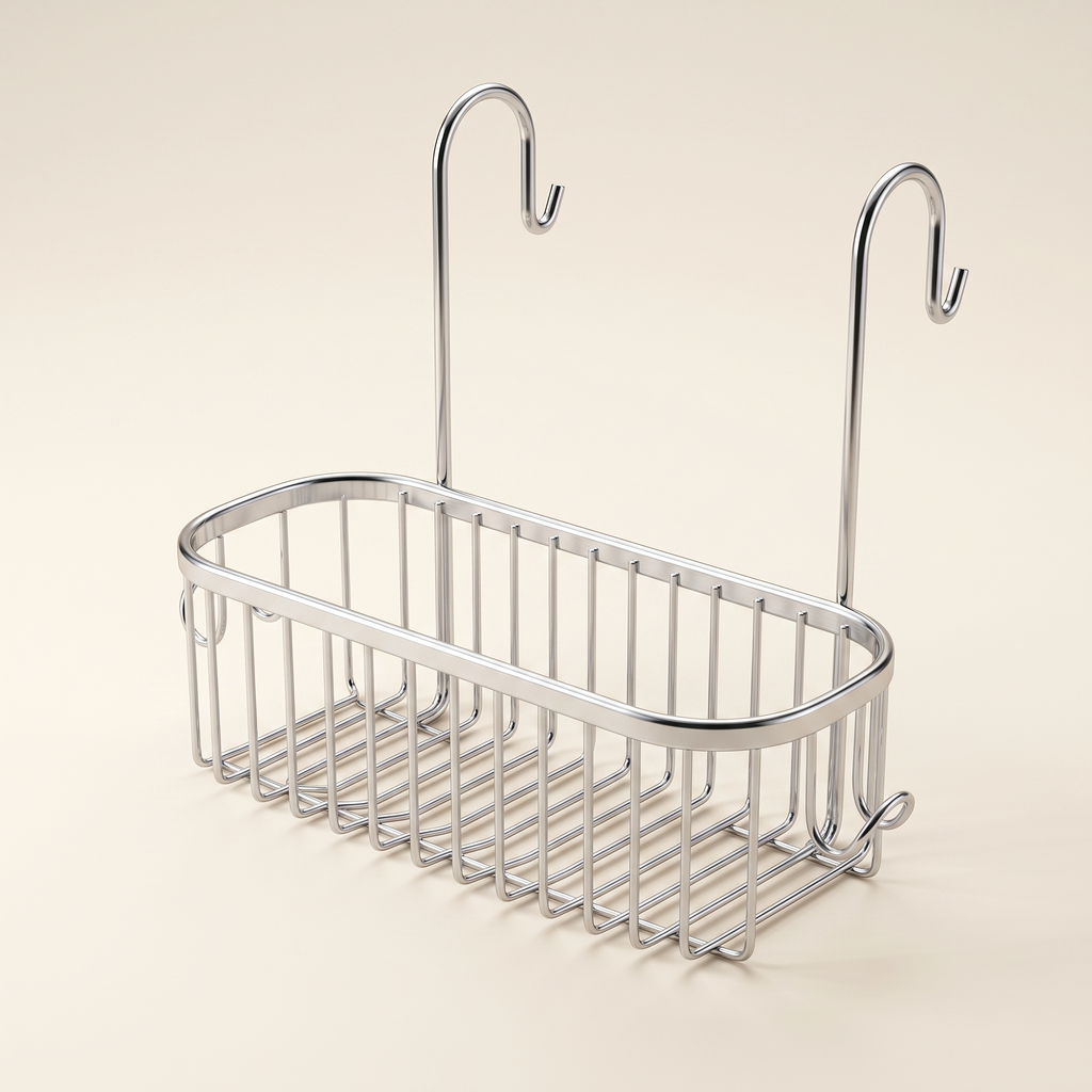 Chrome hanging shower caddy basket with two hooks, product photo