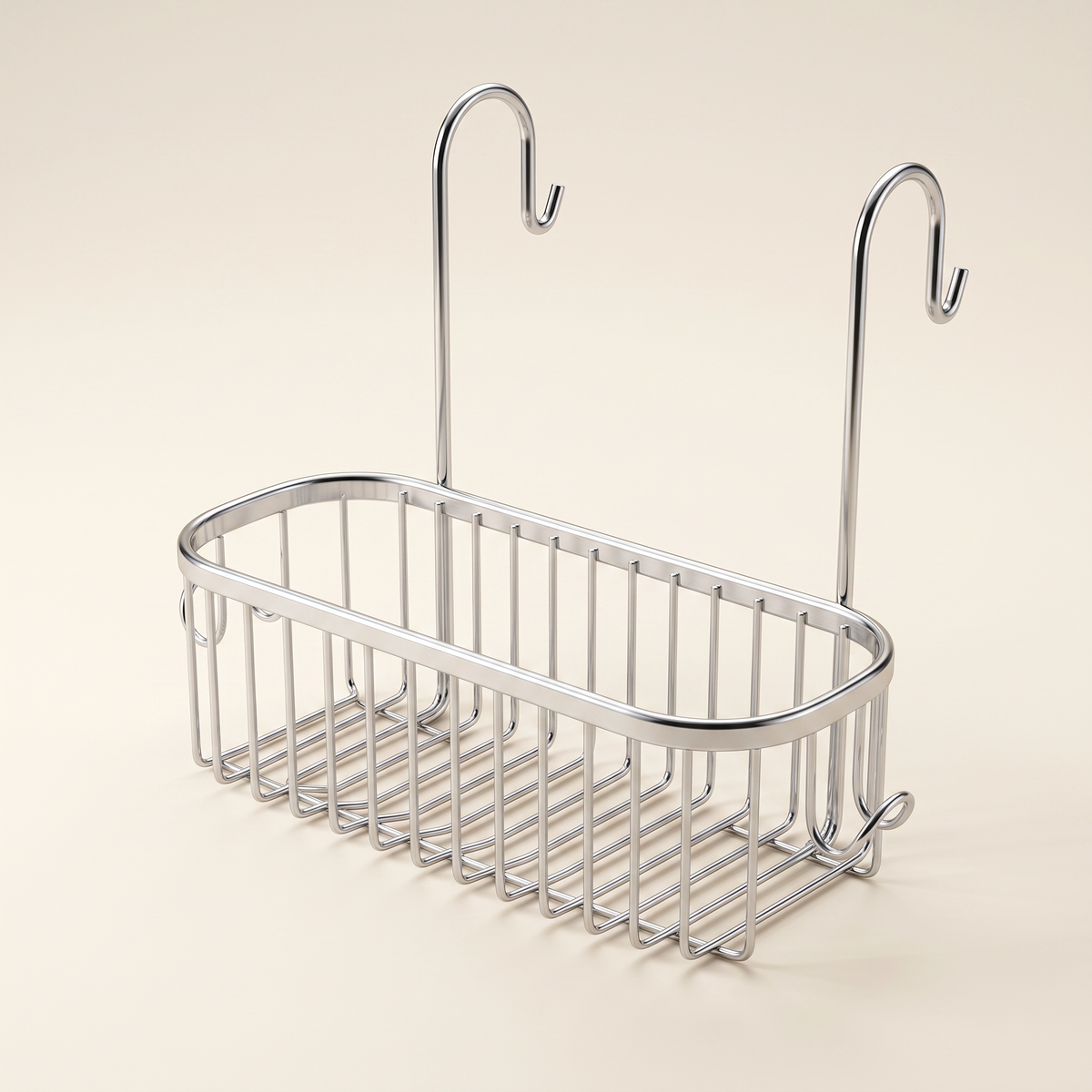 Chrome hanging shower caddy basket with two hooks, product photo