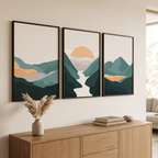 Bohemian Sun and Mountain Prints Set of 3, lifestyle photo