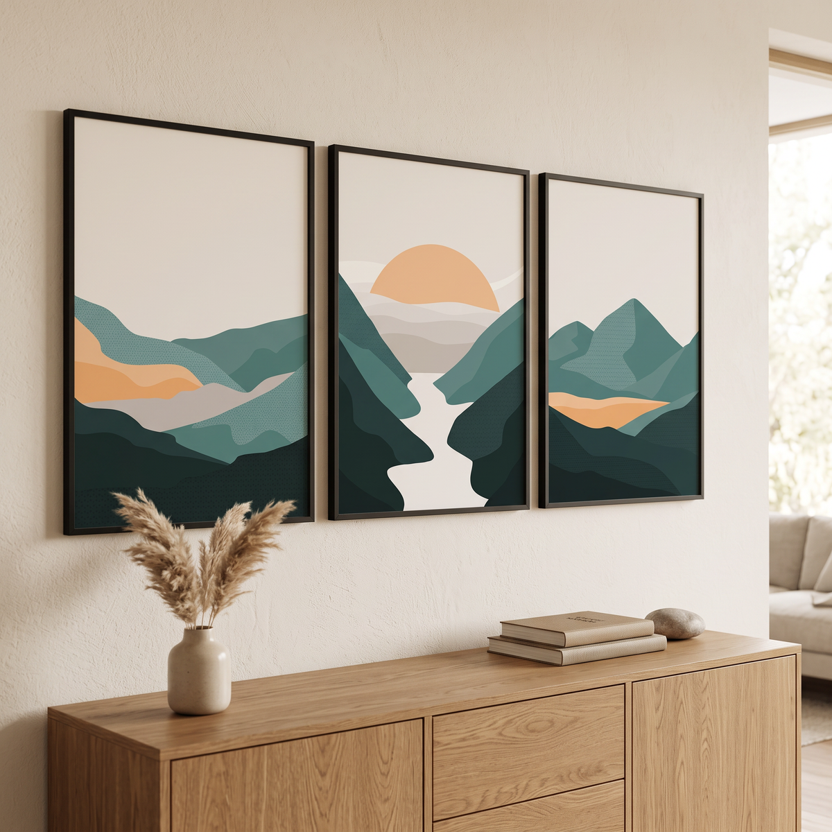 Bohemian Sun and Mountain Prints Set of 3, lifestyle photo