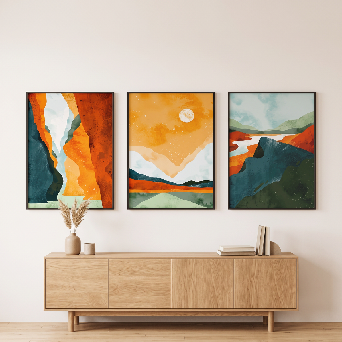 Bohemian Sun and Mountain Prints Set of 3, lifestyle photo