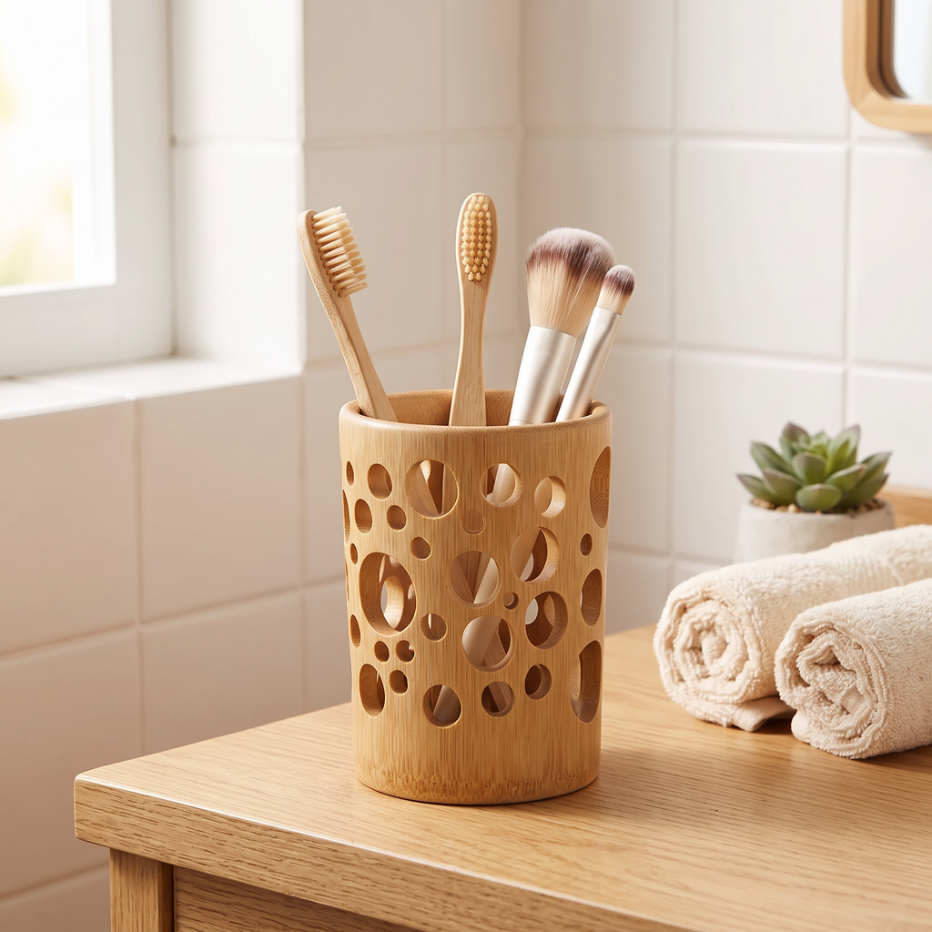 Bamboo Brush Holder, bathroom accessory, lifestyle photo