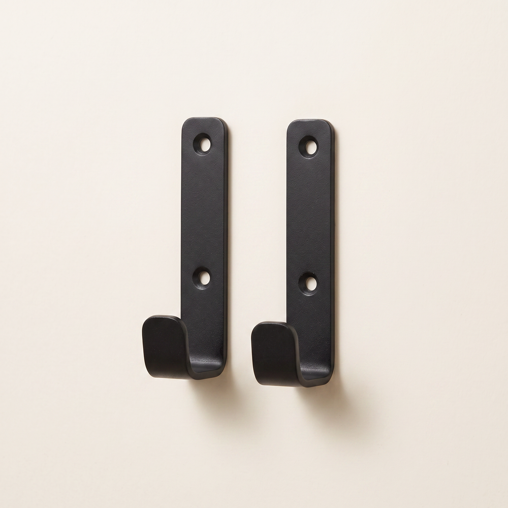Black Metal Wall Hooks Set of 2, Flat J-Shaped Coat and Towel Hooks for Kitchen, Bathroom, Cabinet and Hallway, 62 mm or 82 mm