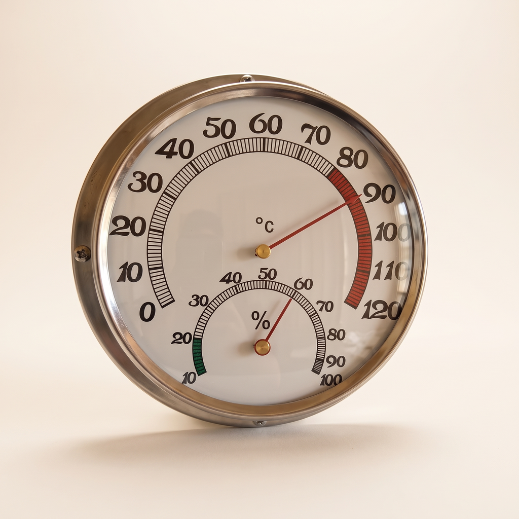 Stainless steel sauna thermometer and hygrometer, product photo
