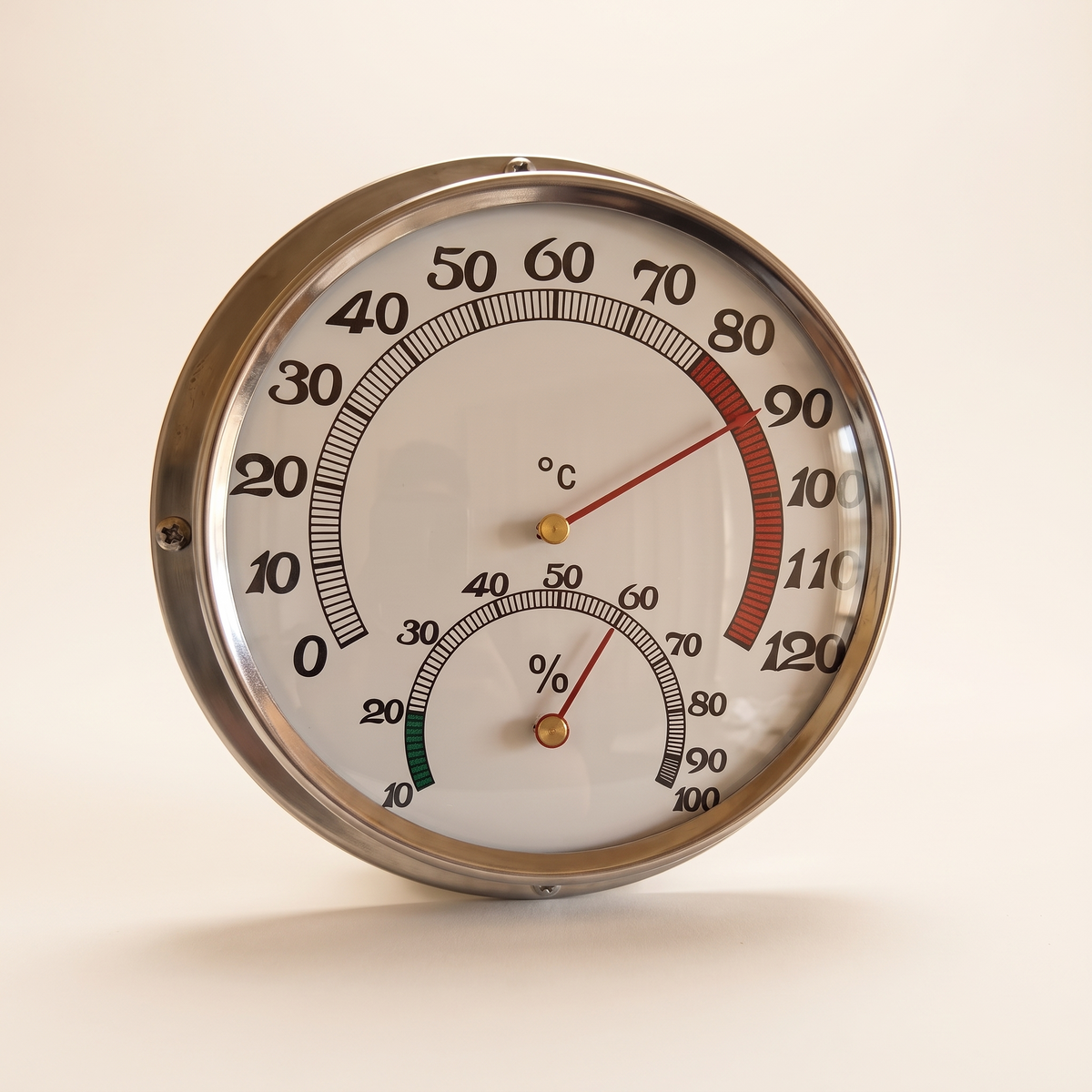 Stainless steel sauna thermometer and hygrometer, product photo