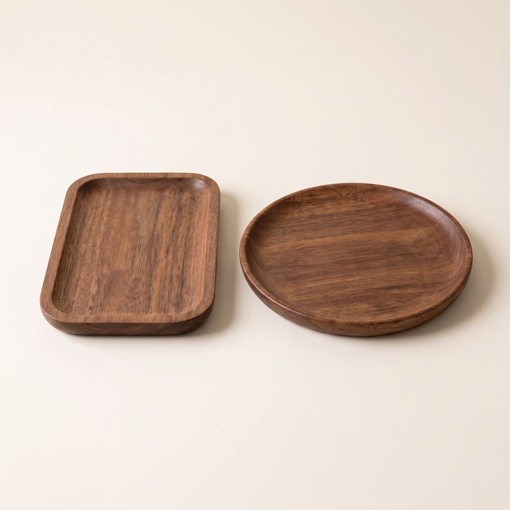 Walnut serving trays rectangular and round, product photo