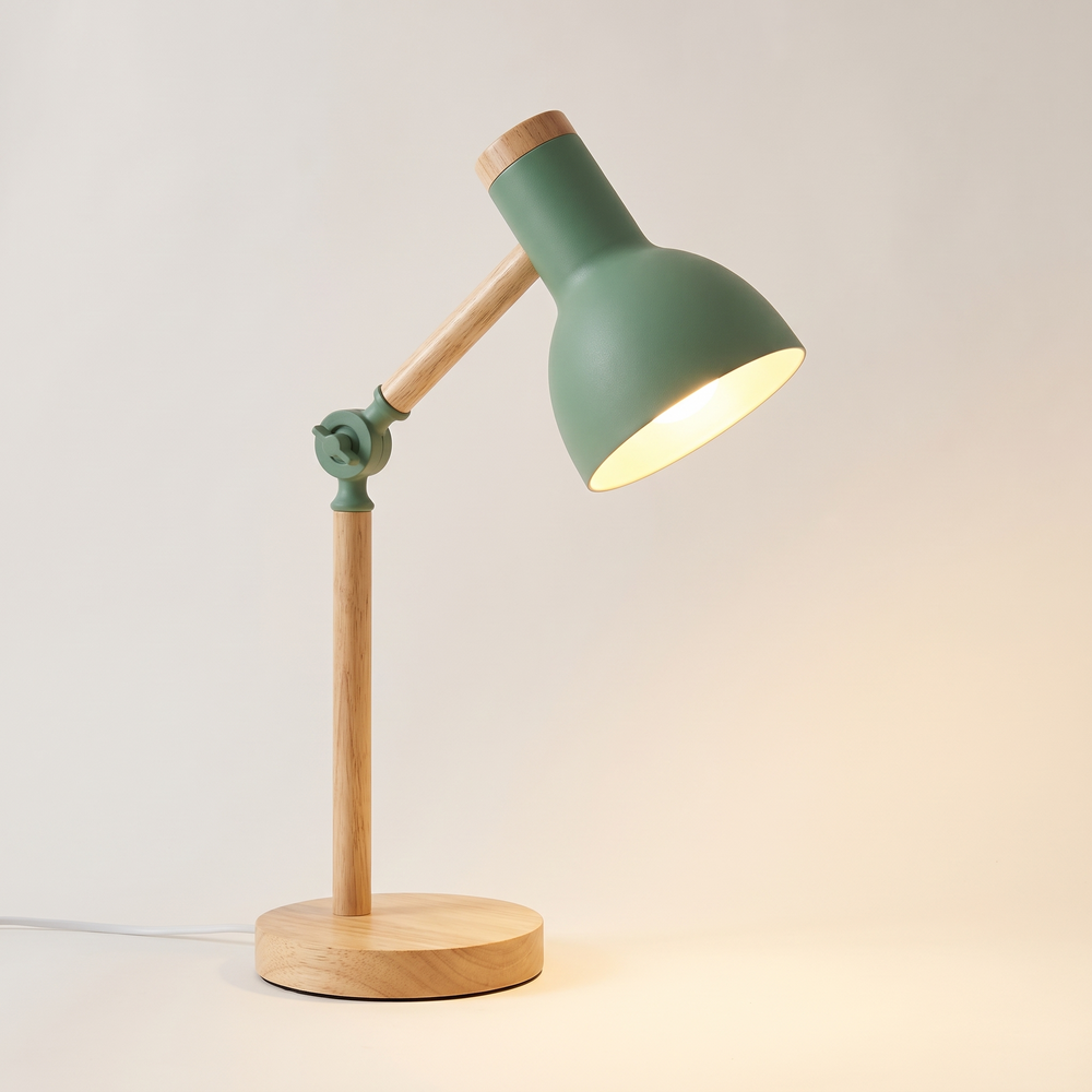 Nordic Wooden Table Lamp, Bedside and Desk Light with Adjustable Head for Bedroom, Living Room and Study, US or EU Plug, White or Green