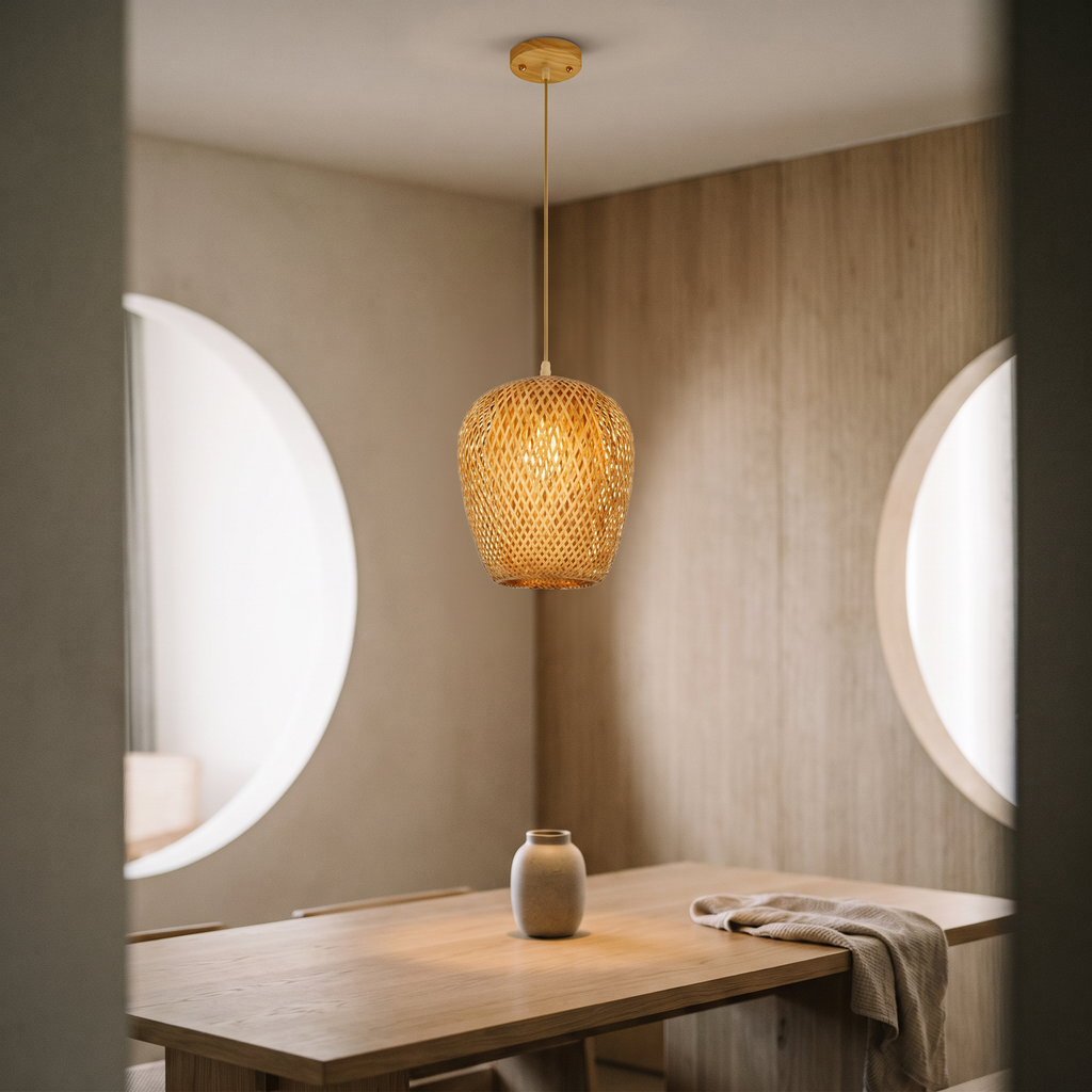 Hand-Woven Bamboo Pendant Light, lifestyle photo