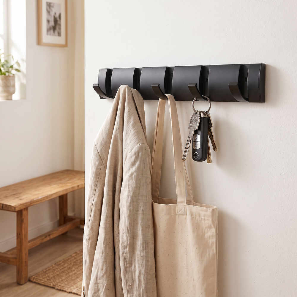 Folding Wall Hook Rack, No-Drill 5-Hook Towel and Coat Hanger for Bathroom, Hallway and Bedroom, Black or Black and Gold
