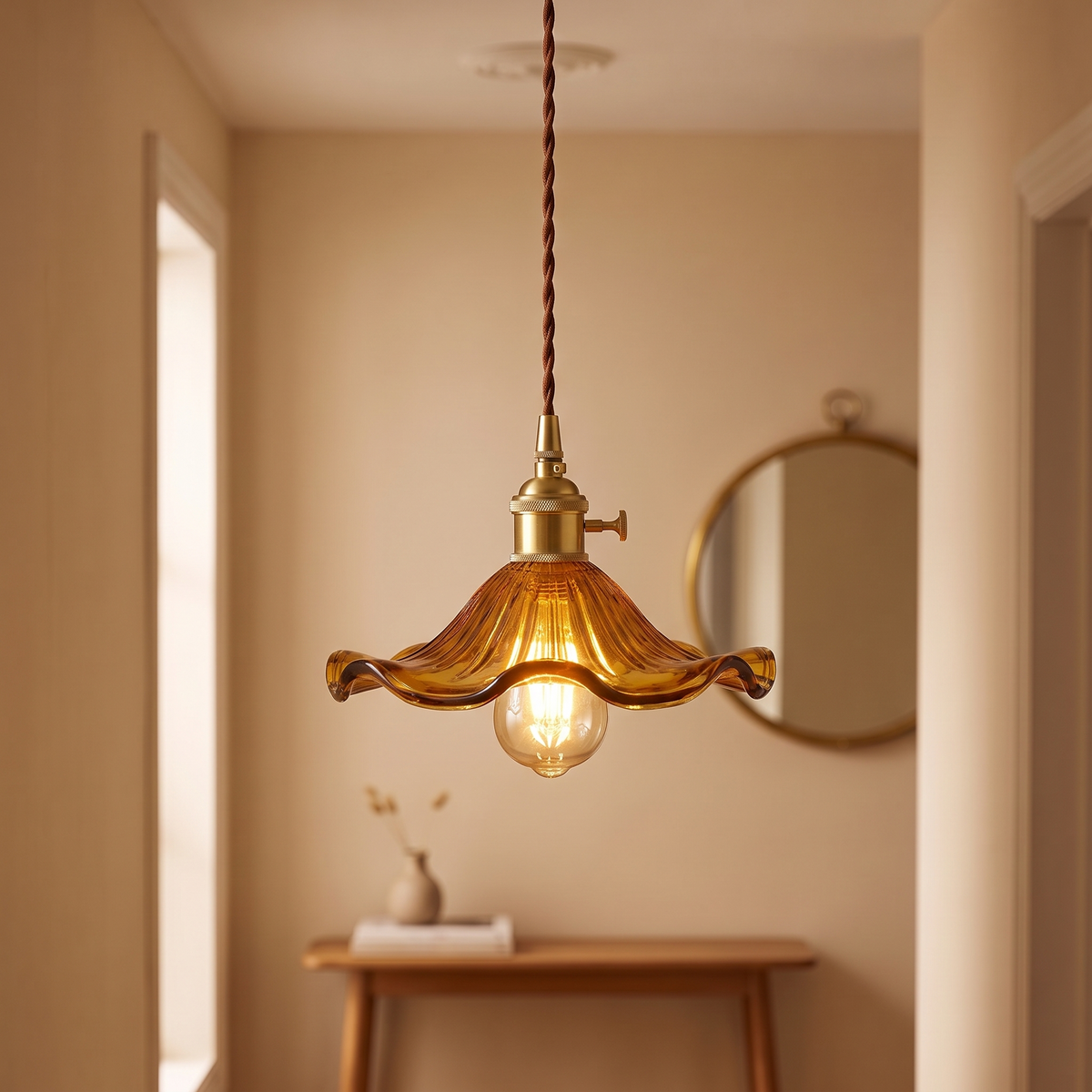 Ribbed Glass Flower Pendant Light, lifestyle photo