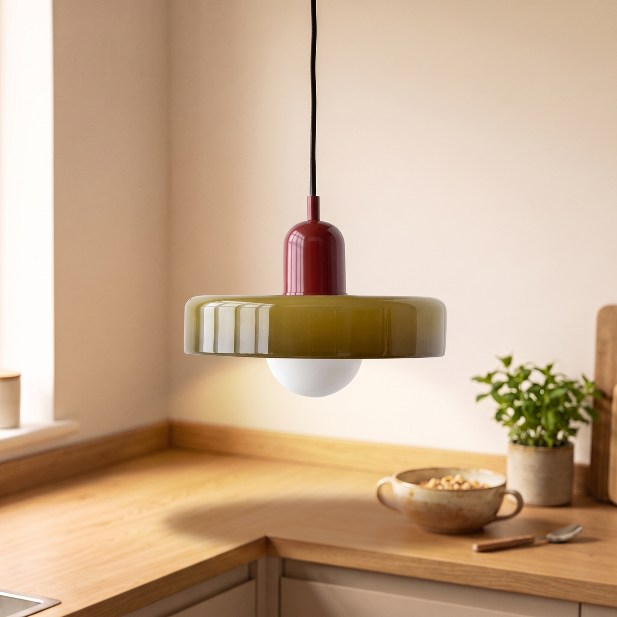 Colored Glass Disc Pendant Light, lifestyle photo