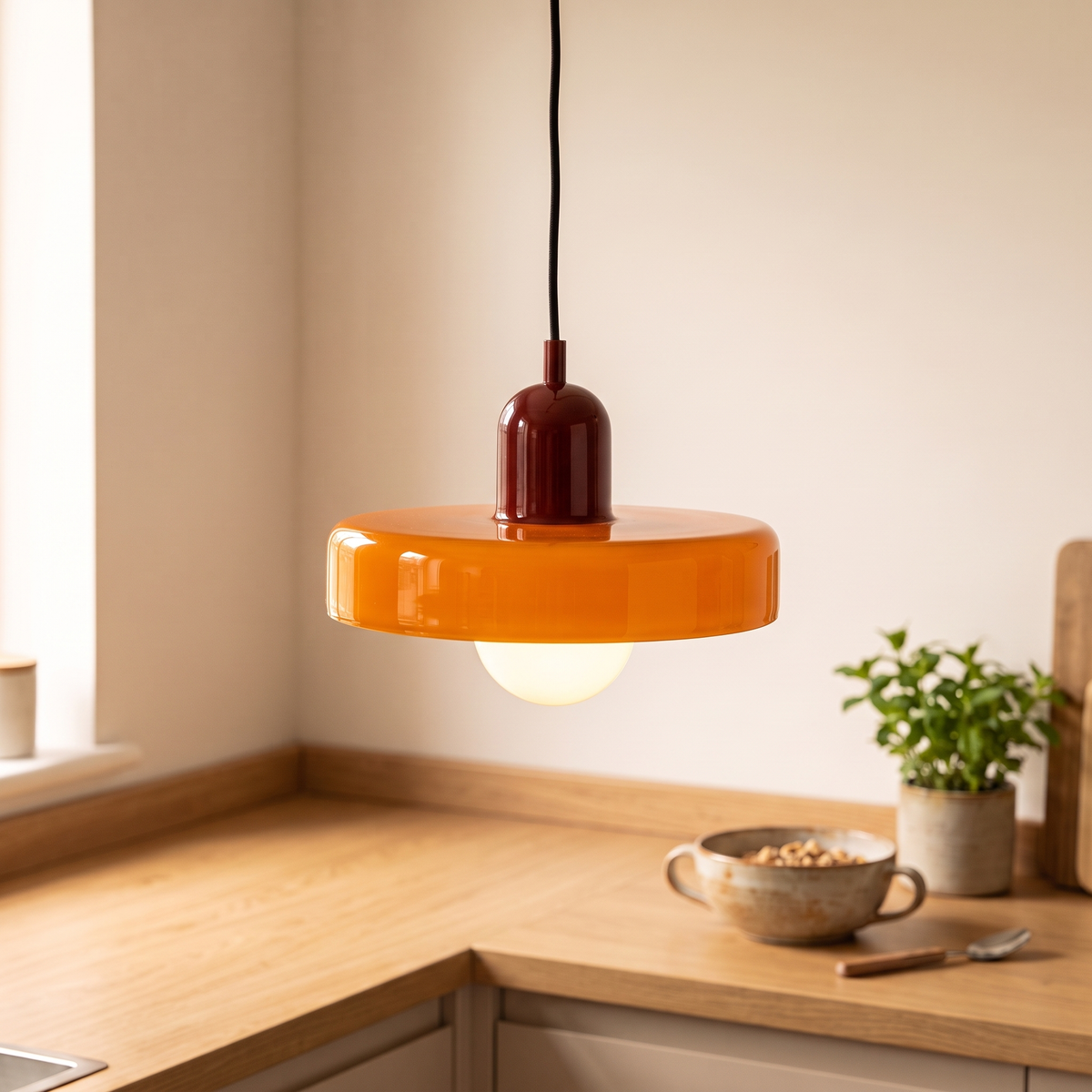 Colored Glass Disc Pendant Light, lifestyle photo