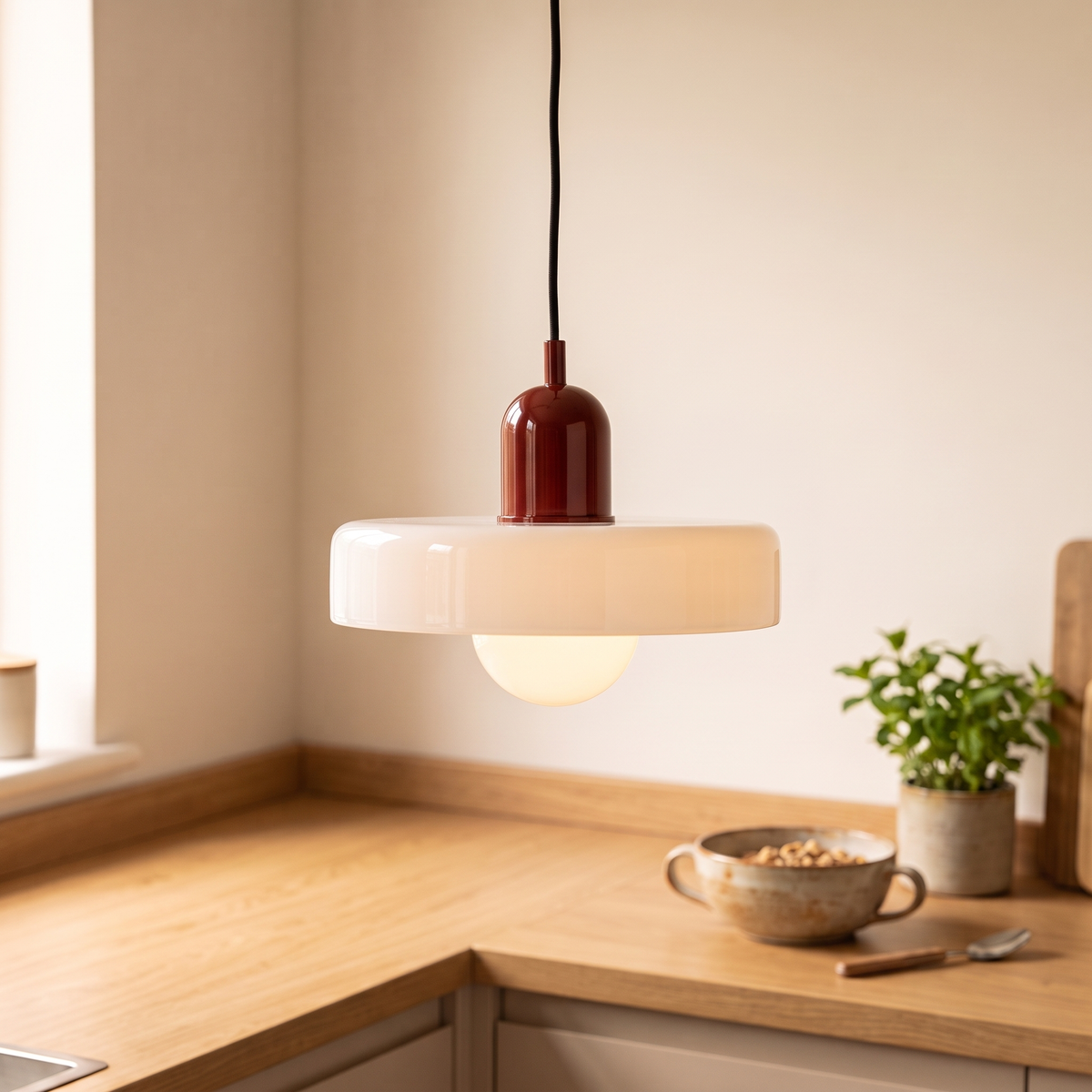 Colored Glass Disc Pendant Light, lifestyle photo