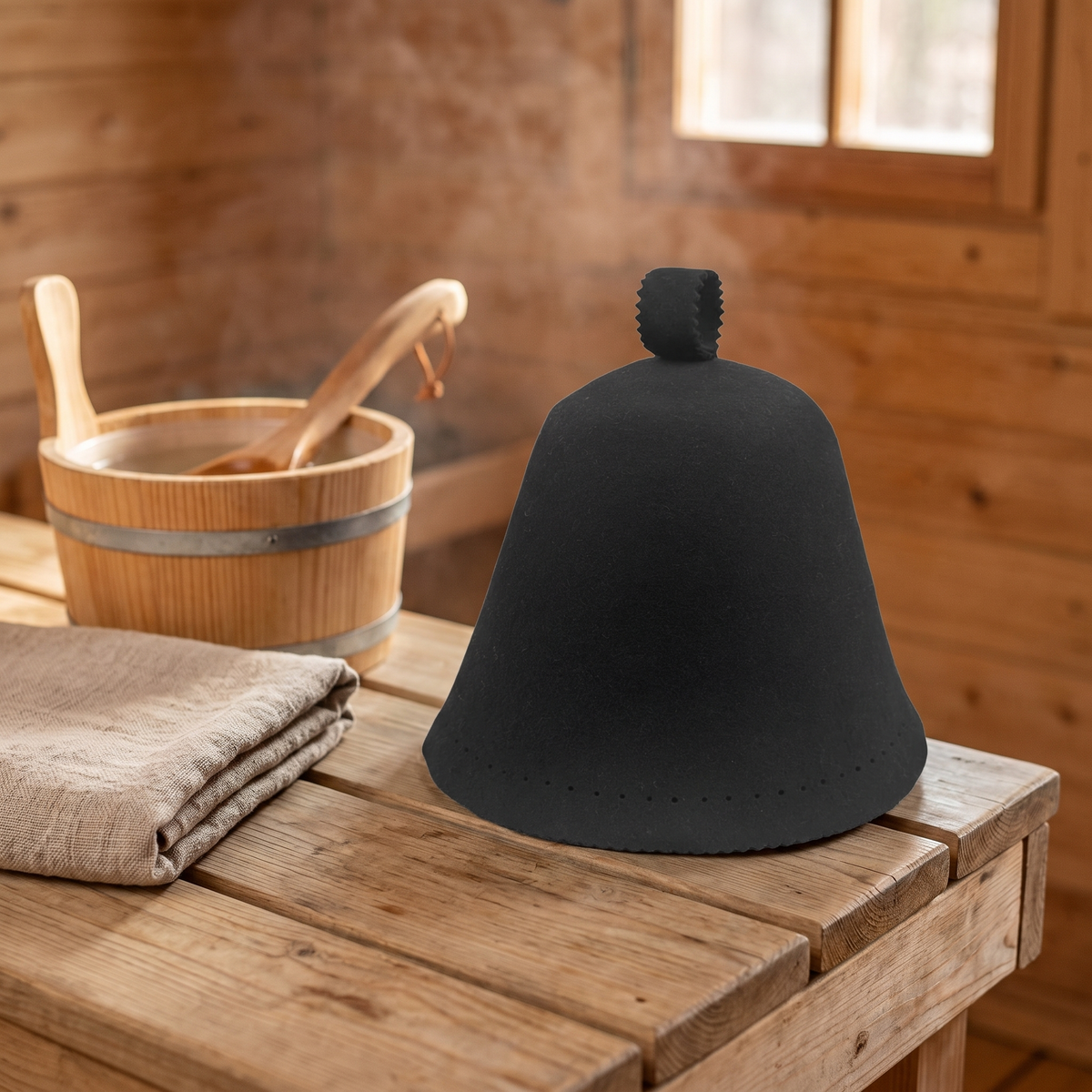 Merino Wool Sauna Hat, lifestyle photo