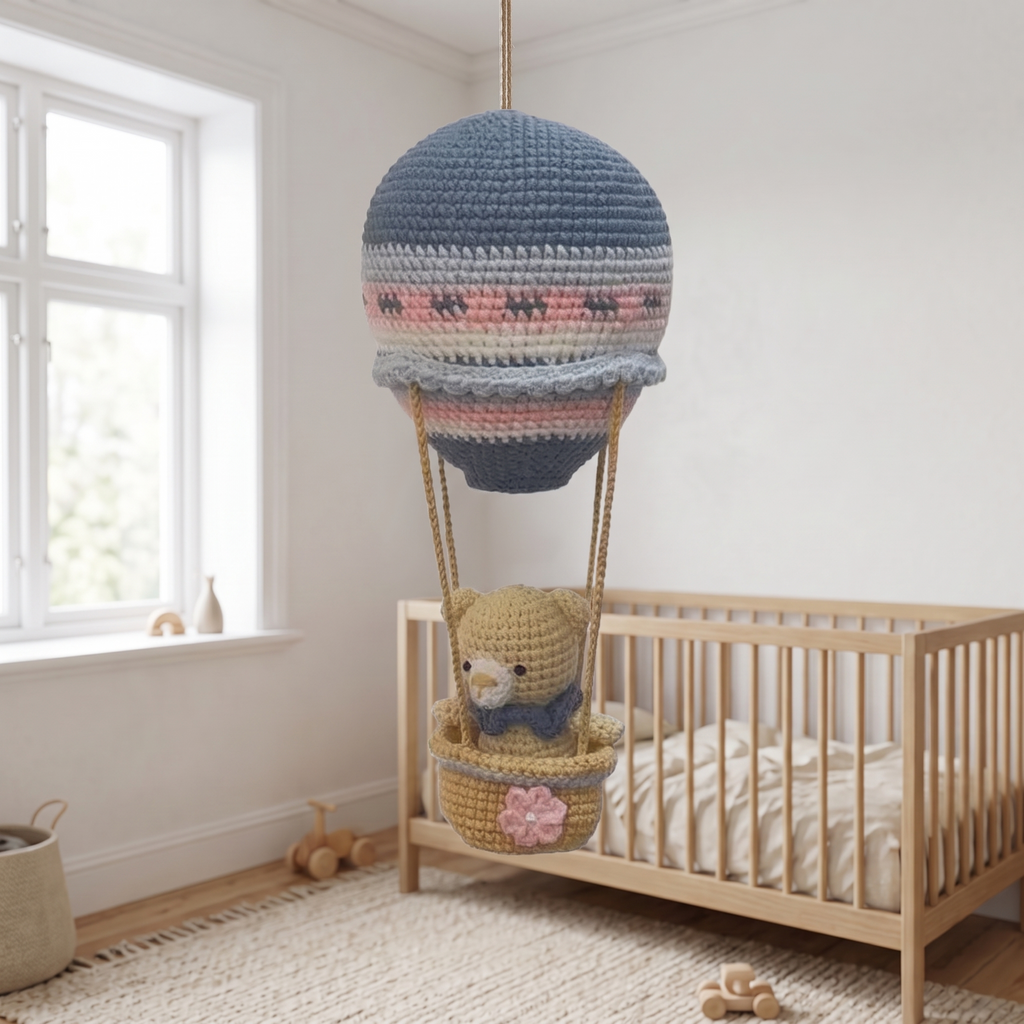 Crochet Hot Air Balloon Wall Hanging, lifestyle photo
