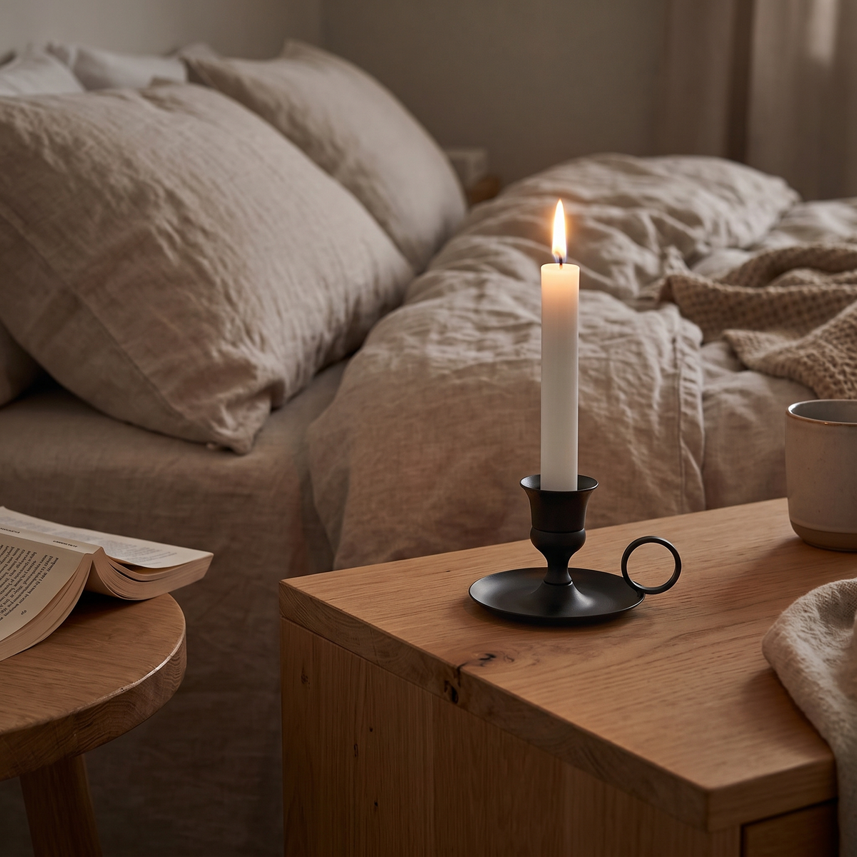 Metal Chamberstick Candle Holder with Handle, lifestyle photo