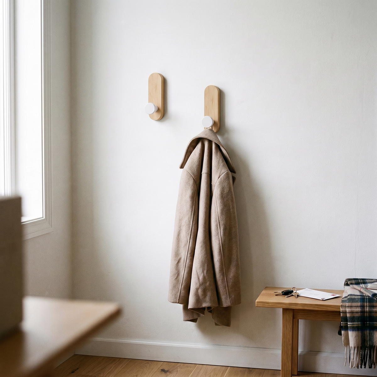 Walnut Wood Wall Hooks Set of 2, lifestyle photo