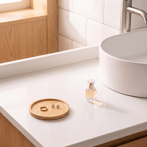 Bamboo Vanity Tray, bathroom accessory, lifestyle photo