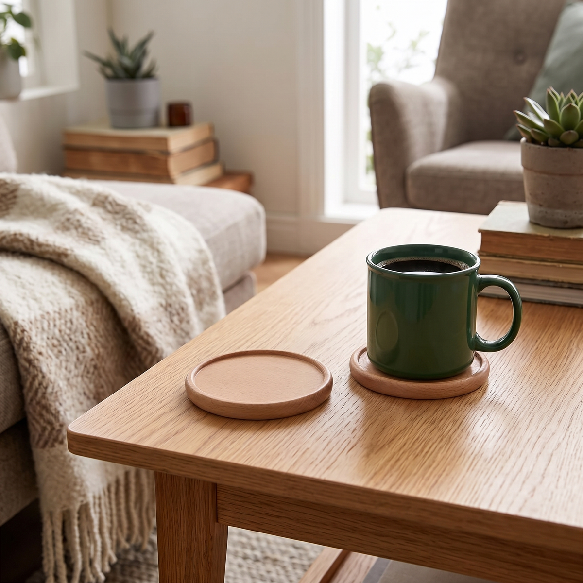 Walnut and Beech Wood Coasters Set of 2, lifestyle photo