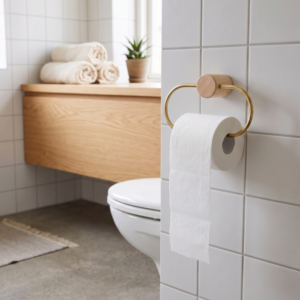 Wood and Brass Toilet Paper Holder, lifestyle photo
