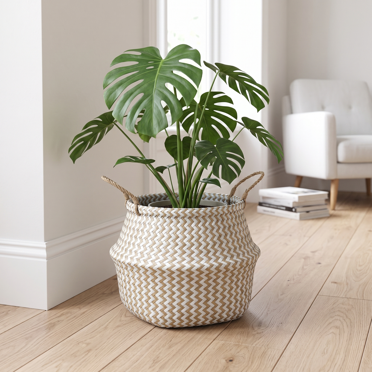 Boho Striped Wicker Basket, lifestyle photo
