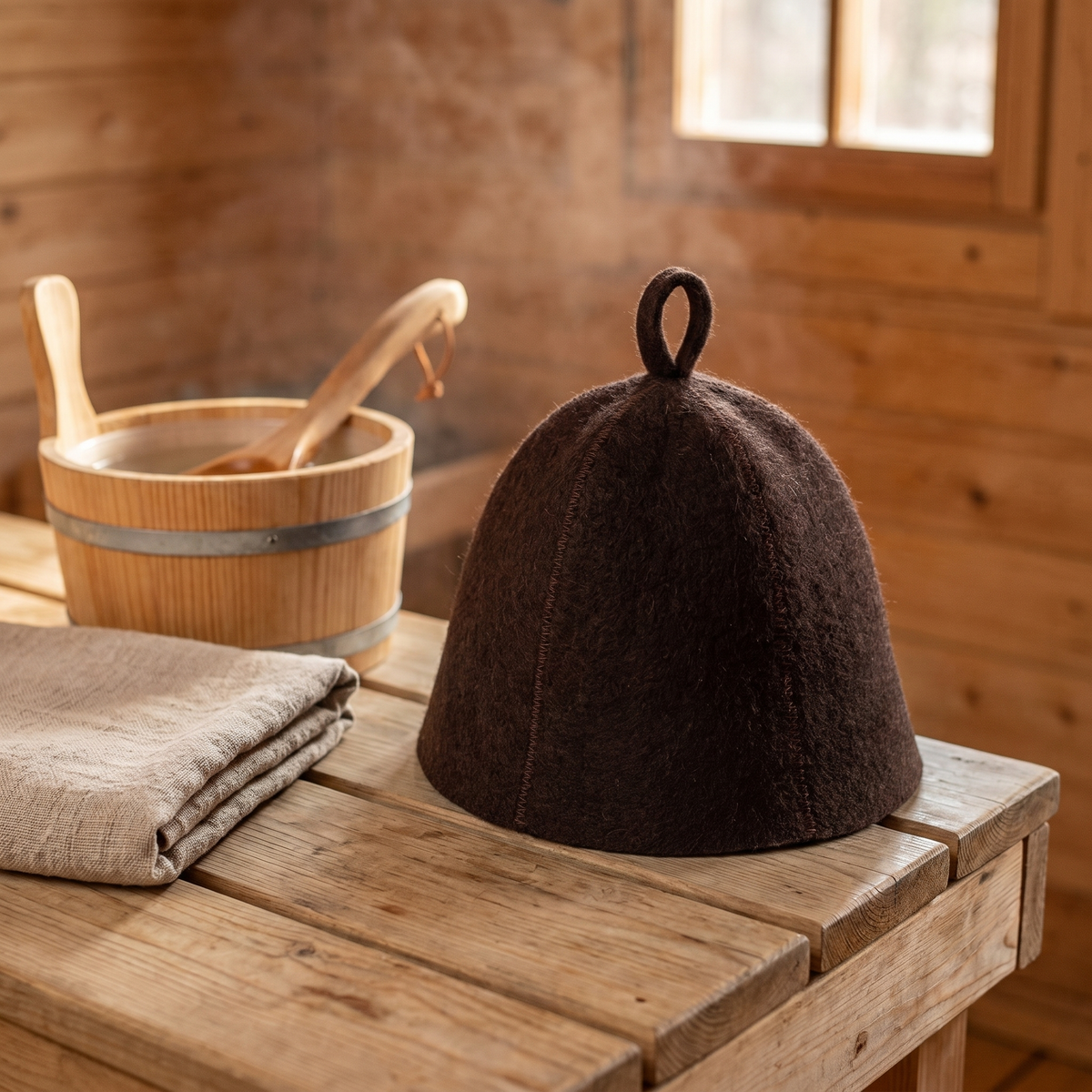 Merino Wool Sauna Hat, lifestyle photo