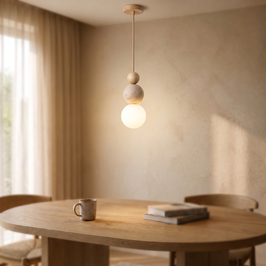 Travertine and Glass Bead Pendant Light, lifestyle photo