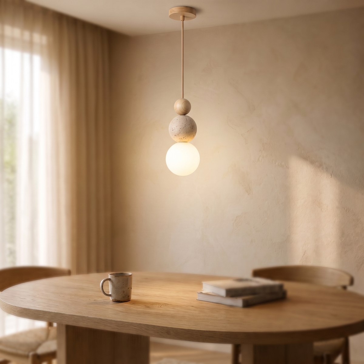 Travertine and Glass Bead Pendant Light, lifestyle photo