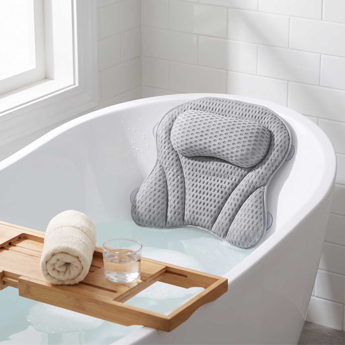 4D Mesh Bath Pillow, bathroom accessory, lifestyle photo