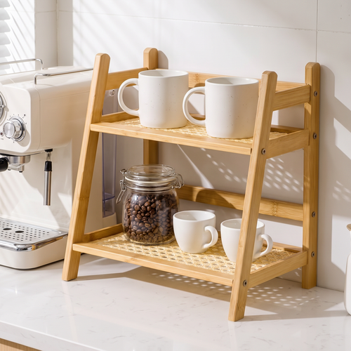 2-Tier Bamboo Countertop Shelf with Woven Shelves, lifestyle photo