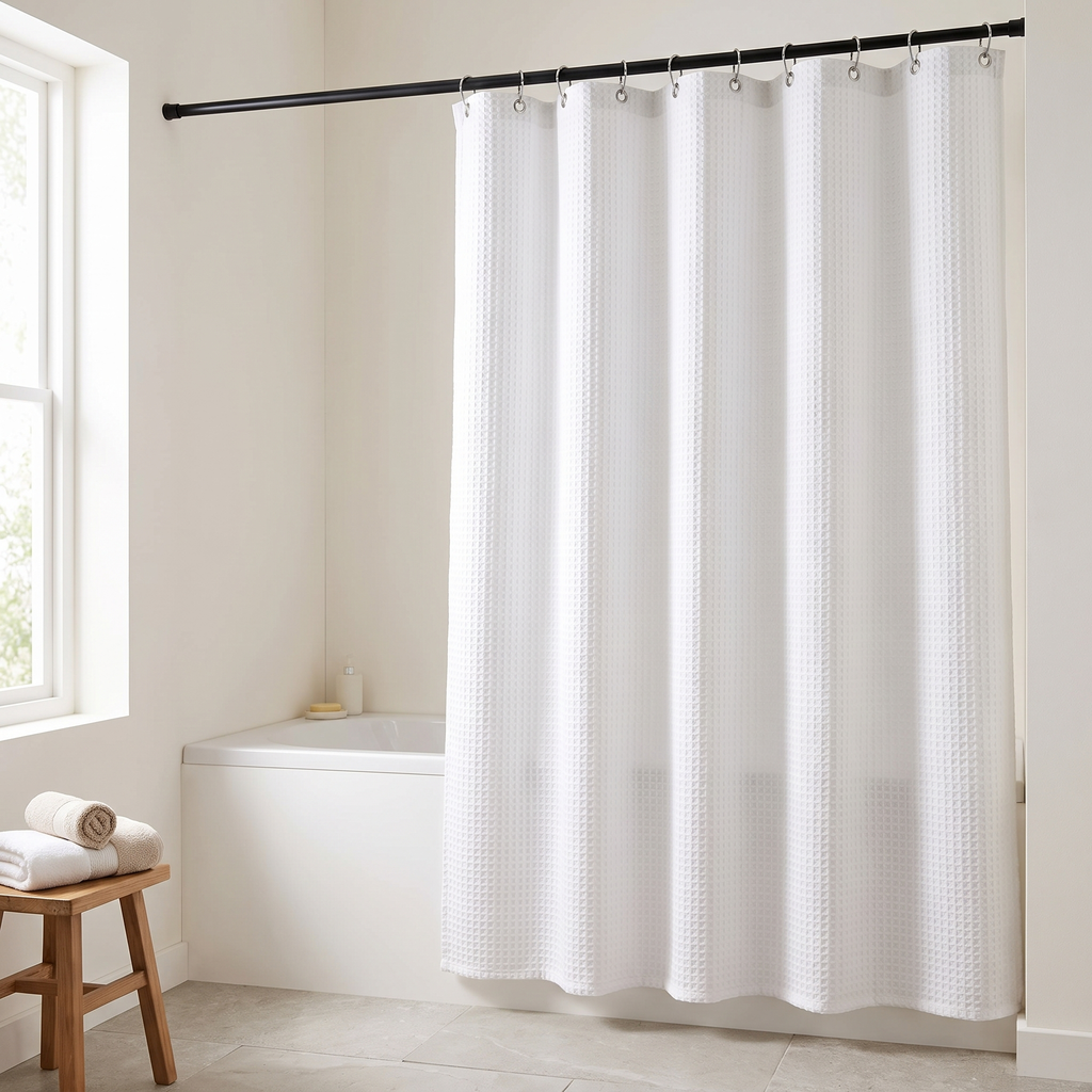 Waffle Weave Shower Curtain, bathroom accessory, lifestyle photo