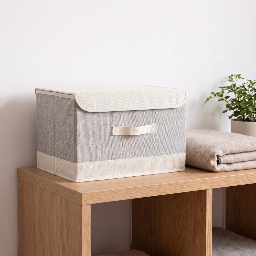 Foldable Linen Storage Box with Lid, Fabric Storage Bin with Handle for Shelves, Closets and Bedroom, Small or Large, Beige or Grey