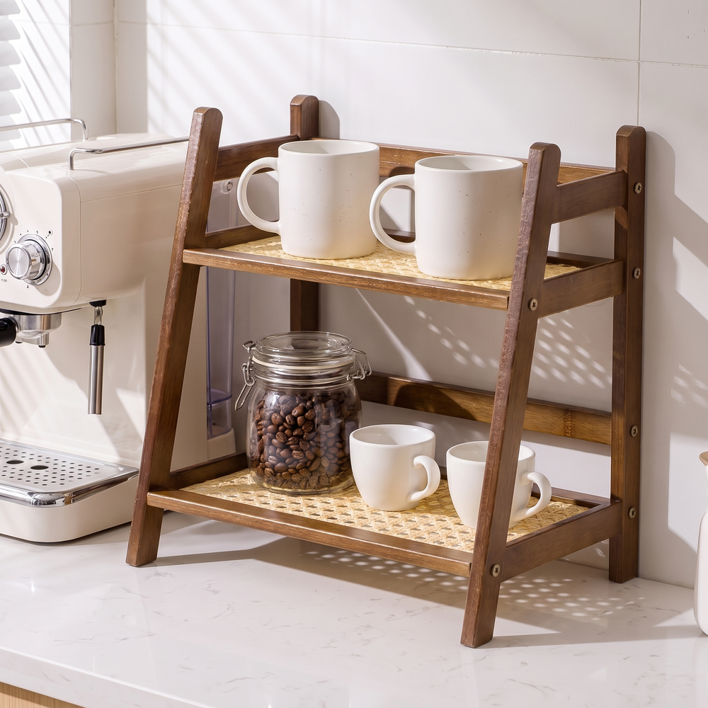 2-Tier Bamboo Countertop Shelf with Woven Shelves, Kitchen and Bathroom Organizer for Mugs, Spices and Toiletries, Natural or Dark Brown