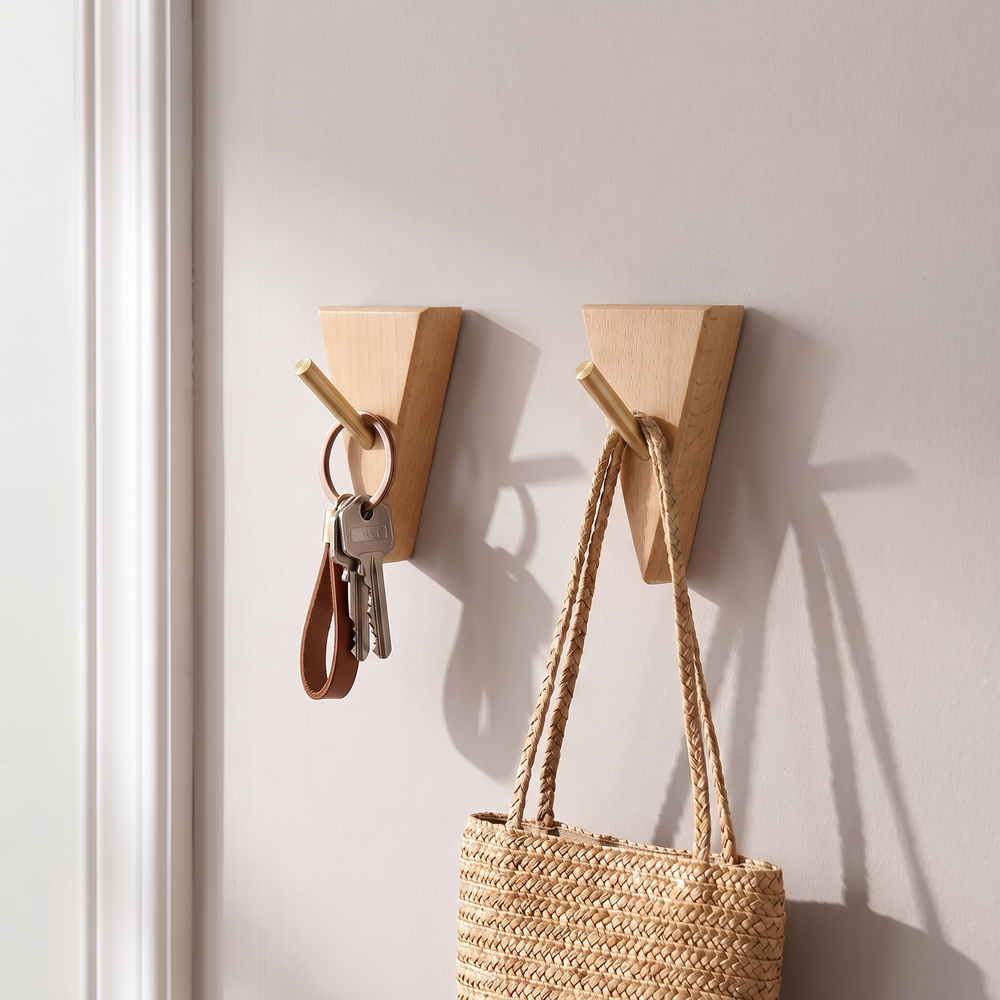 Triangle Wooden Wall Hooks, Set of 2 Solid Wood and Brass Coat and Key Hooks for Entryway, Bedroom and Bathroom, Walnut or Beech