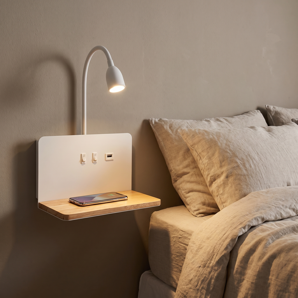 Wall Lamp with Shelf and Wireless Charging, lifestyle photo