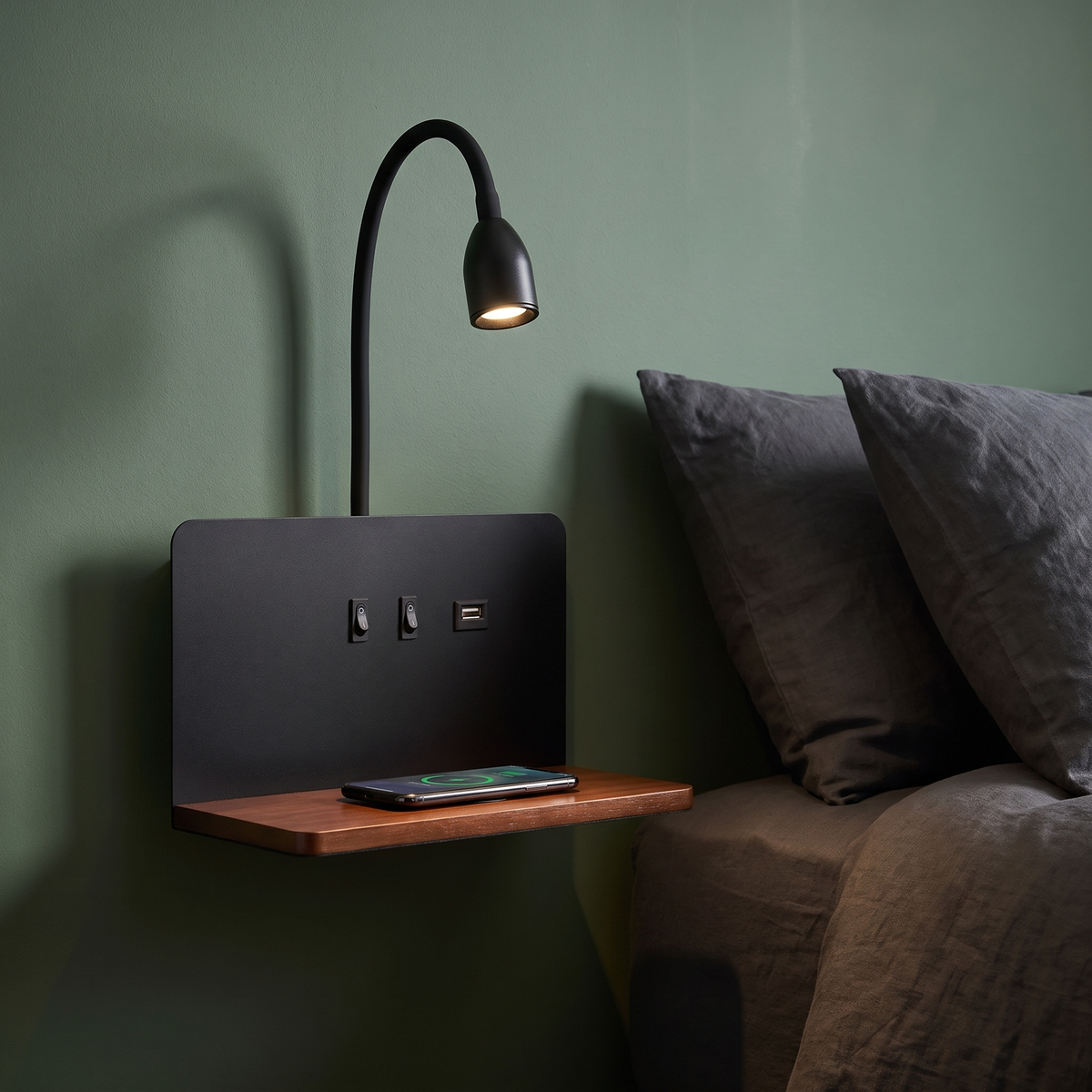 Wall Lamp with Shelf and Wireless Charging, lifestyle photo
