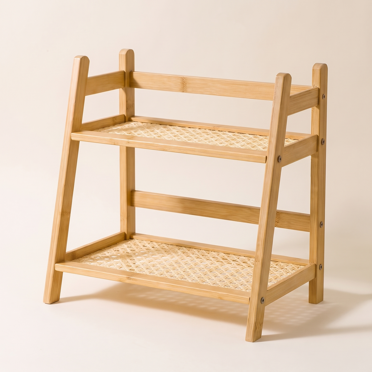 2-tier bamboo countertop shelf with woven shelves, product photo
