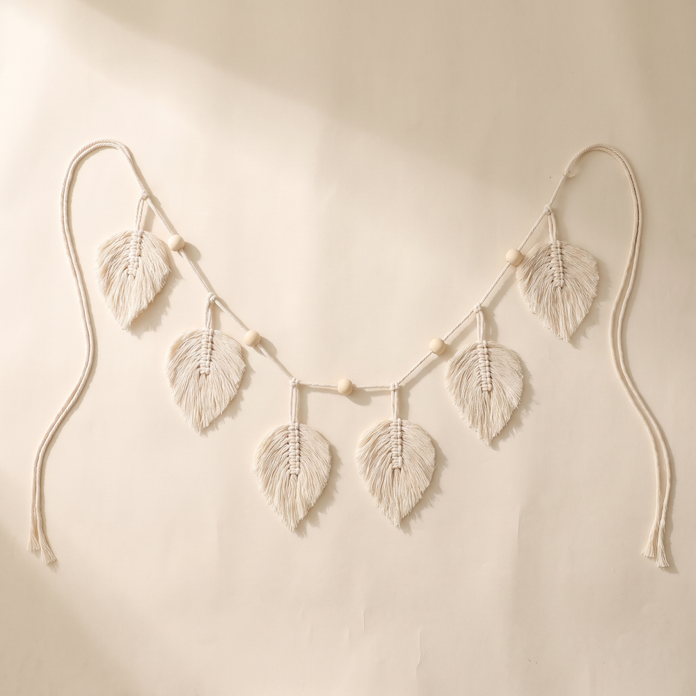Macrame Leaf Garland, Wall Hanging with Wooden Beads for Bedroom, Living Room and Entryway, Natural Cream