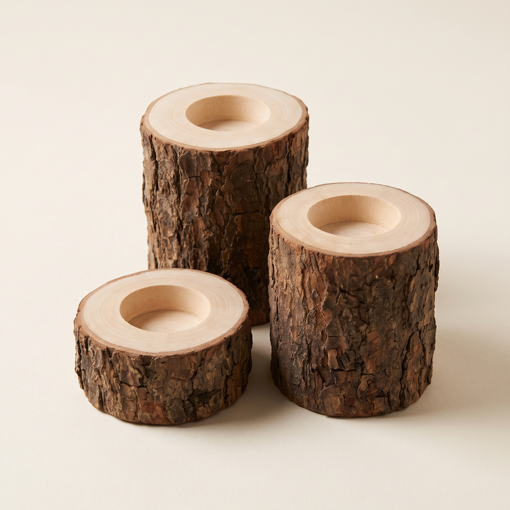 Tree stump tealight holders set of 3, product photo