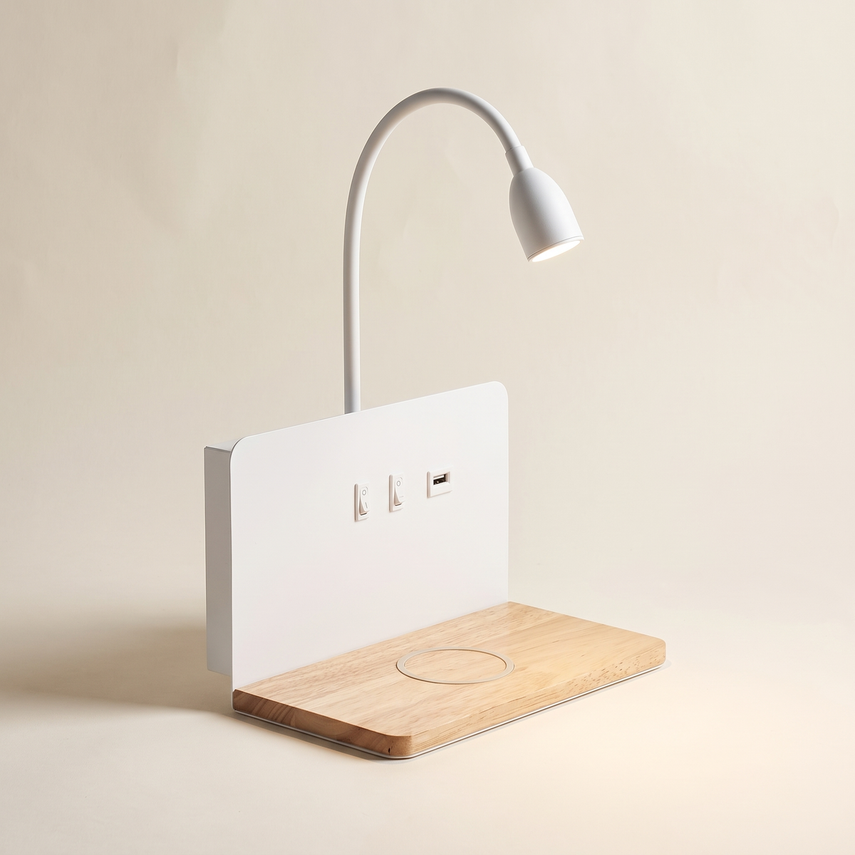 Wall lamp with shelf and wireless charging, product photo