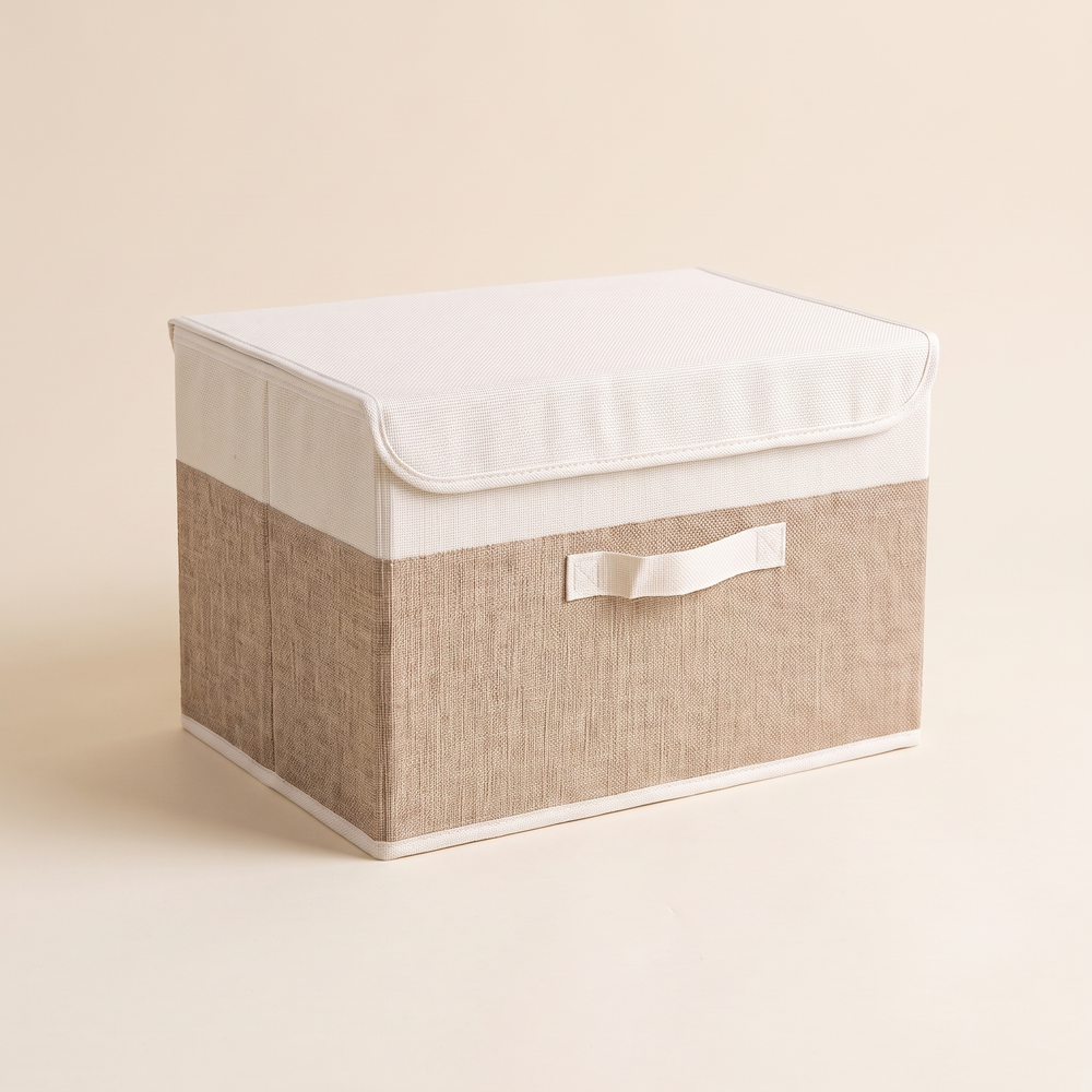 Foldable Linen Storage Box with Lid, Fabric Storage Bin with Handle for Shelves, Closets and Bedroom, Small or Large, Beige or Grey