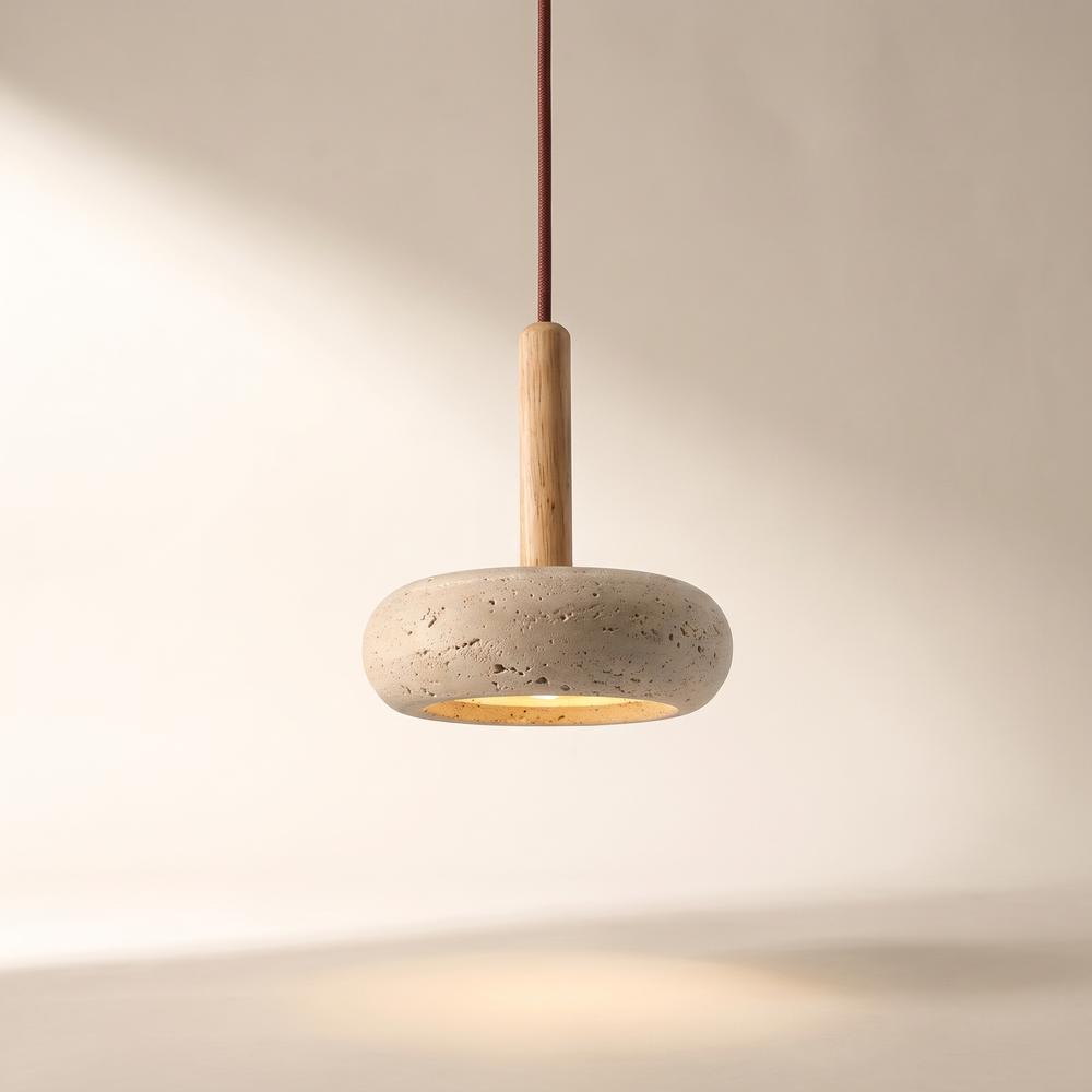 Travertine Disc Pendant Light, Flat Stone Ceiling Lamp for Dining Table, Kitchen Island and Hallway, 12 W, Warm White