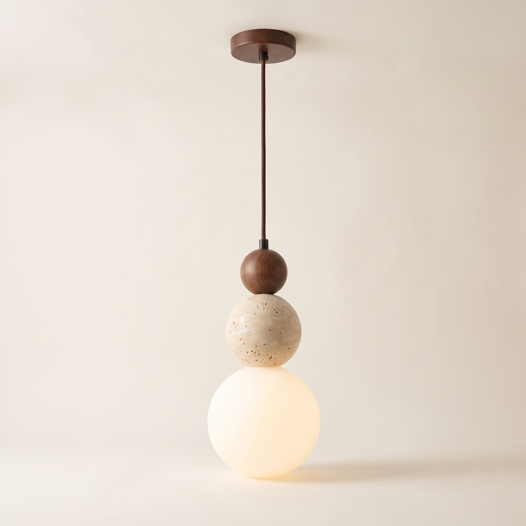 Travertine and glass bead pendant light, product photo