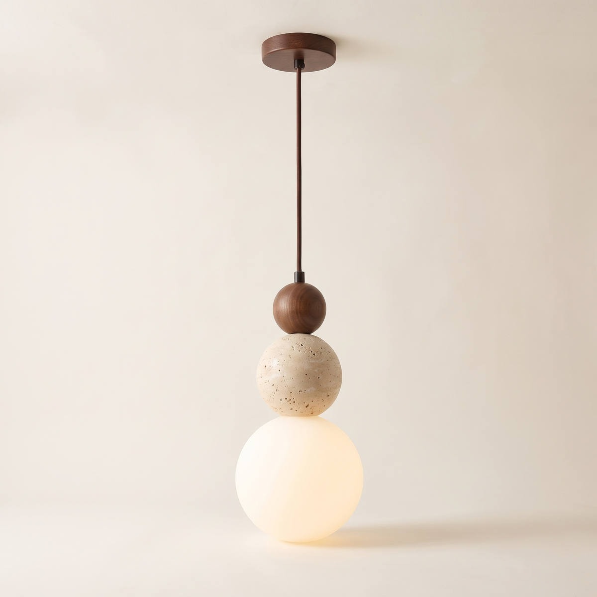 Travertine and glass bead pendant light, product photo