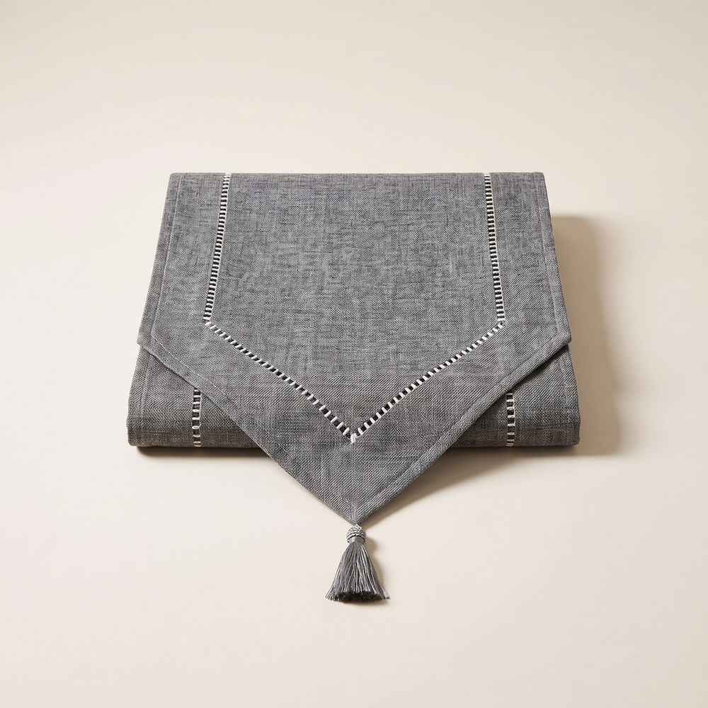 Linen Table Runner with Pointed Ends, Solid Color Runner with Tassel for Dining Table and Sideboard, Gray or Khaki