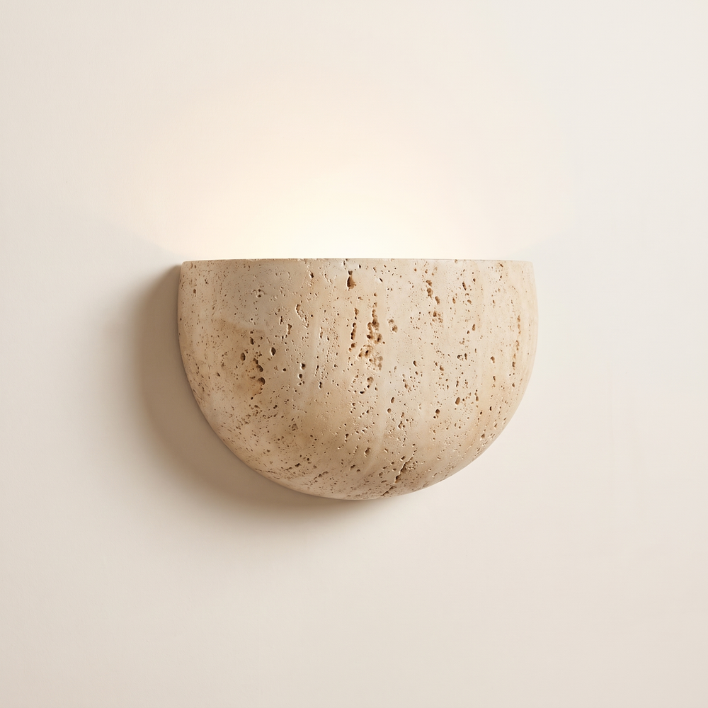 Travertine Half Dome Wall Light, Wabi-Sabi Stone Sconce for Hallway, Porch and Living Room, Warm White