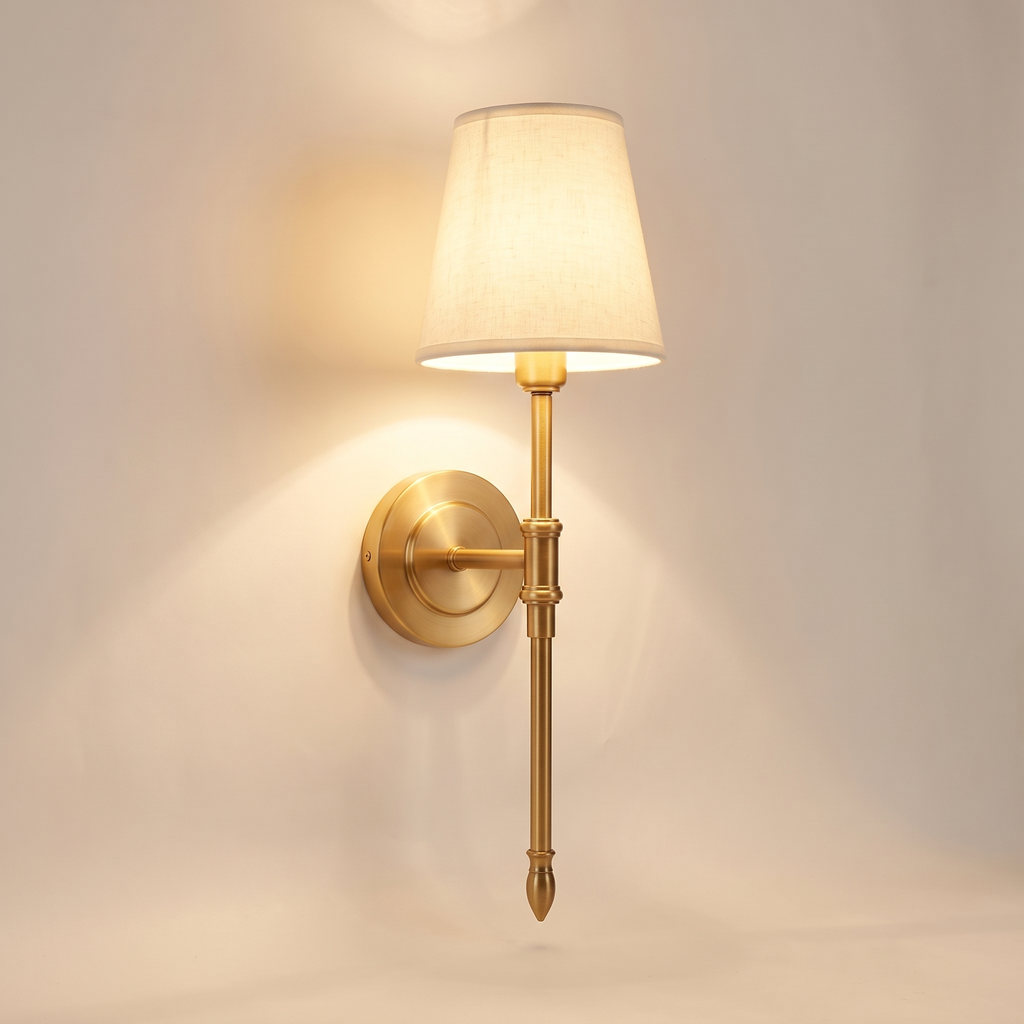 Brass wall sconce with linen shade, product photo