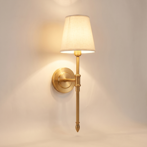 Brass wall sconce with linen shade, product photo