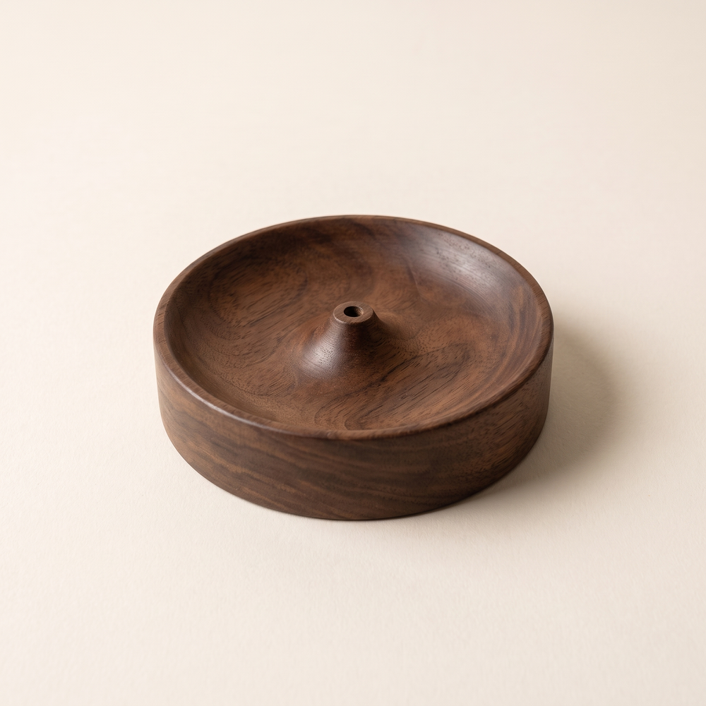 Walnut Incense Holder, Round Solid Wood Incense Stick Burner and Ash Dish for Tea Table, Bedroom, Desk and Meditation Corner