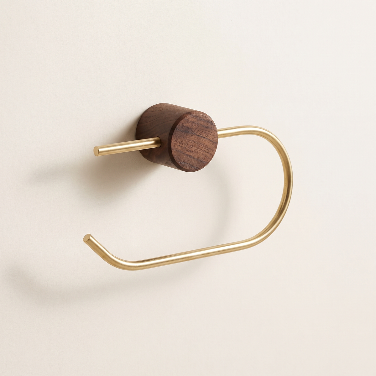 Wood and brass toilet paper holder, product photo